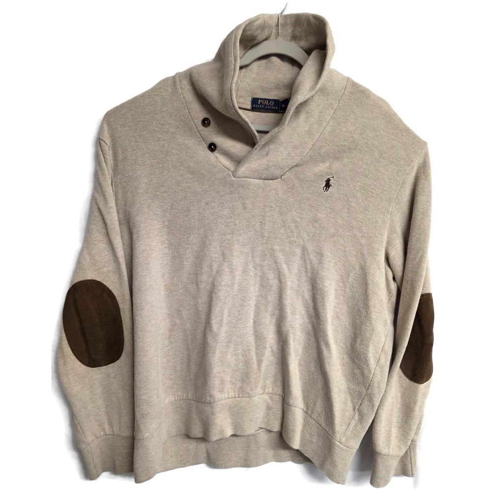Polo Ralph Lauren Sweater Mens XL Beige Shawl Collar Elbow Patch Knit Pullover